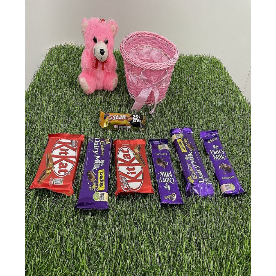 Pink Teddy & Basket Chocolate Combo
