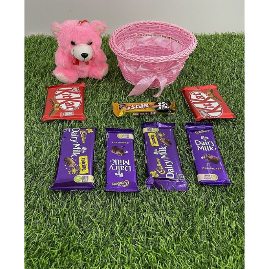 Pink Teddy & Basket Chocolate Combo